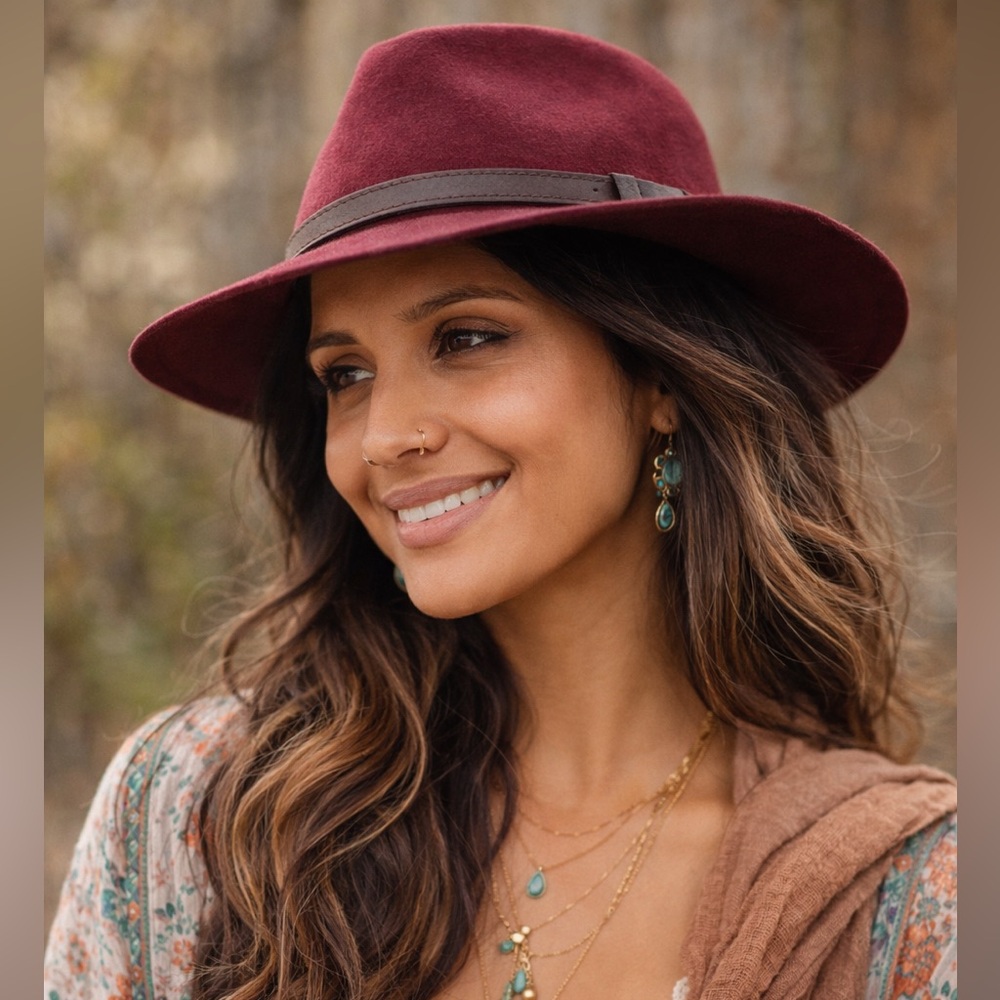 Sunday Afternoons Burgandy Fedora with Brown Leather Band